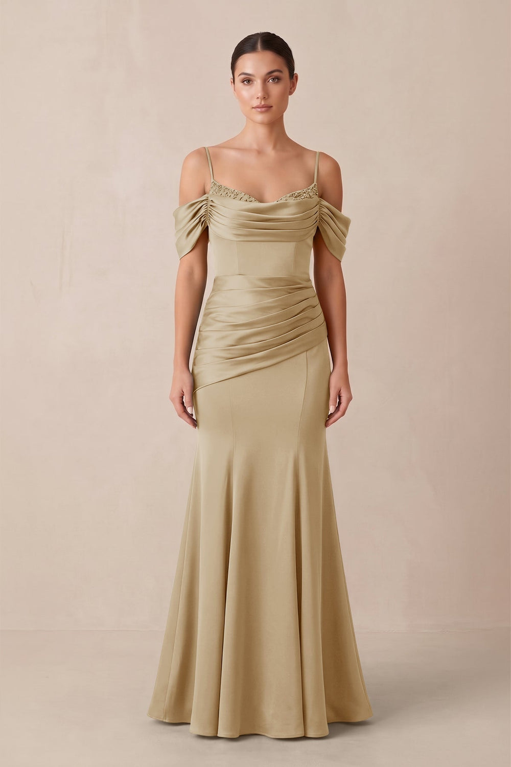 Off-the-Shoulder Mermaid Ruched Bridesmaid Dress in Champagne