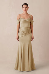 Off - the - Shoulder Mermaid Ruched Bridesmaid Dress in Champagne - KISS BRIDAL Bridesmaid Dresses