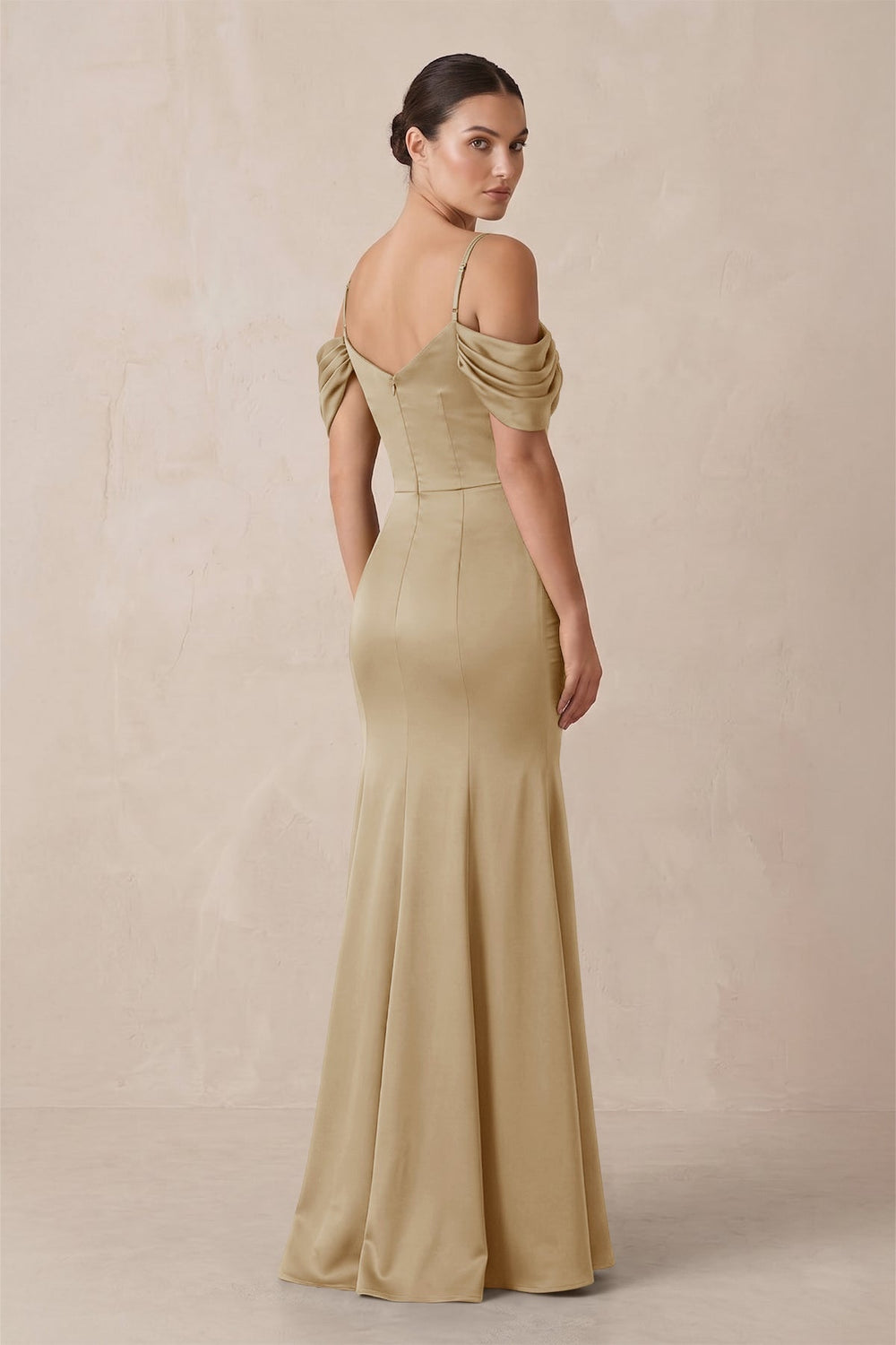 Off-the-Shoulder Mermaid Ruched Bridesmaid Dress in Champagne