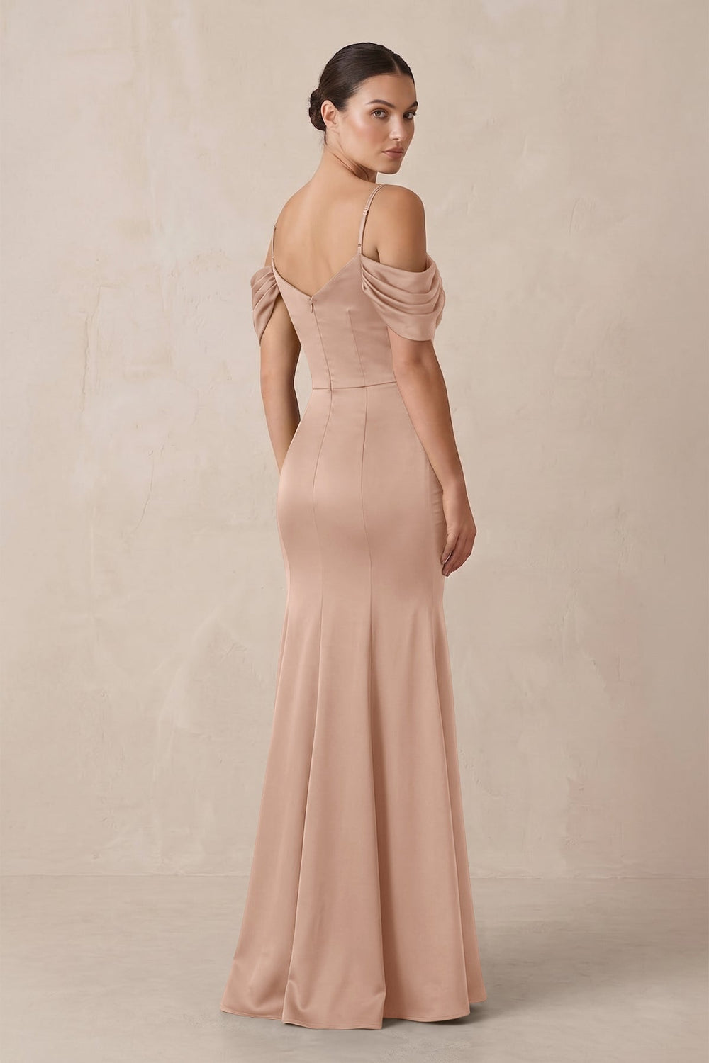 Off-the-Shoulder Mermaid Ruched Bridesmaid Dress in Champagne Rose