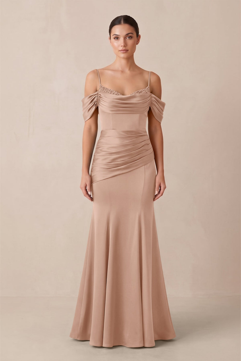 Off-the-Shoulder Mermaid Ruched Bridesmaid Dress in Champagne Rose