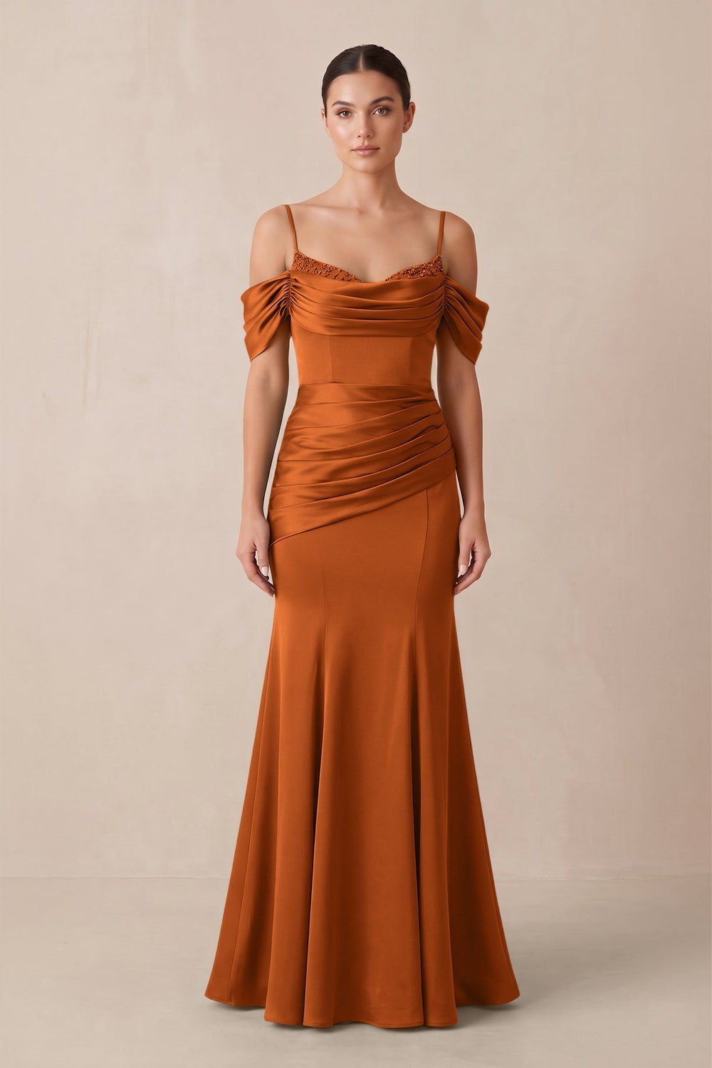 Off-the-Shoulder Mermaid Ruched Bridesmaid Dress in Cinnamon