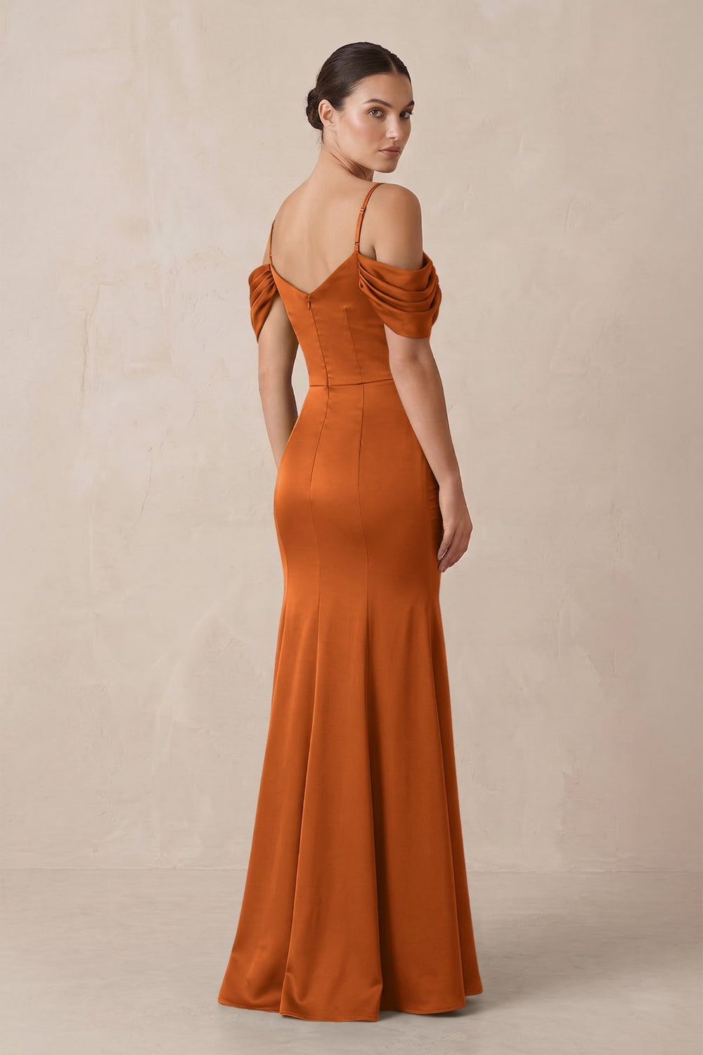 Off-the-Shoulder Mermaid Ruched Bridesmaid Dress in Cinnamon