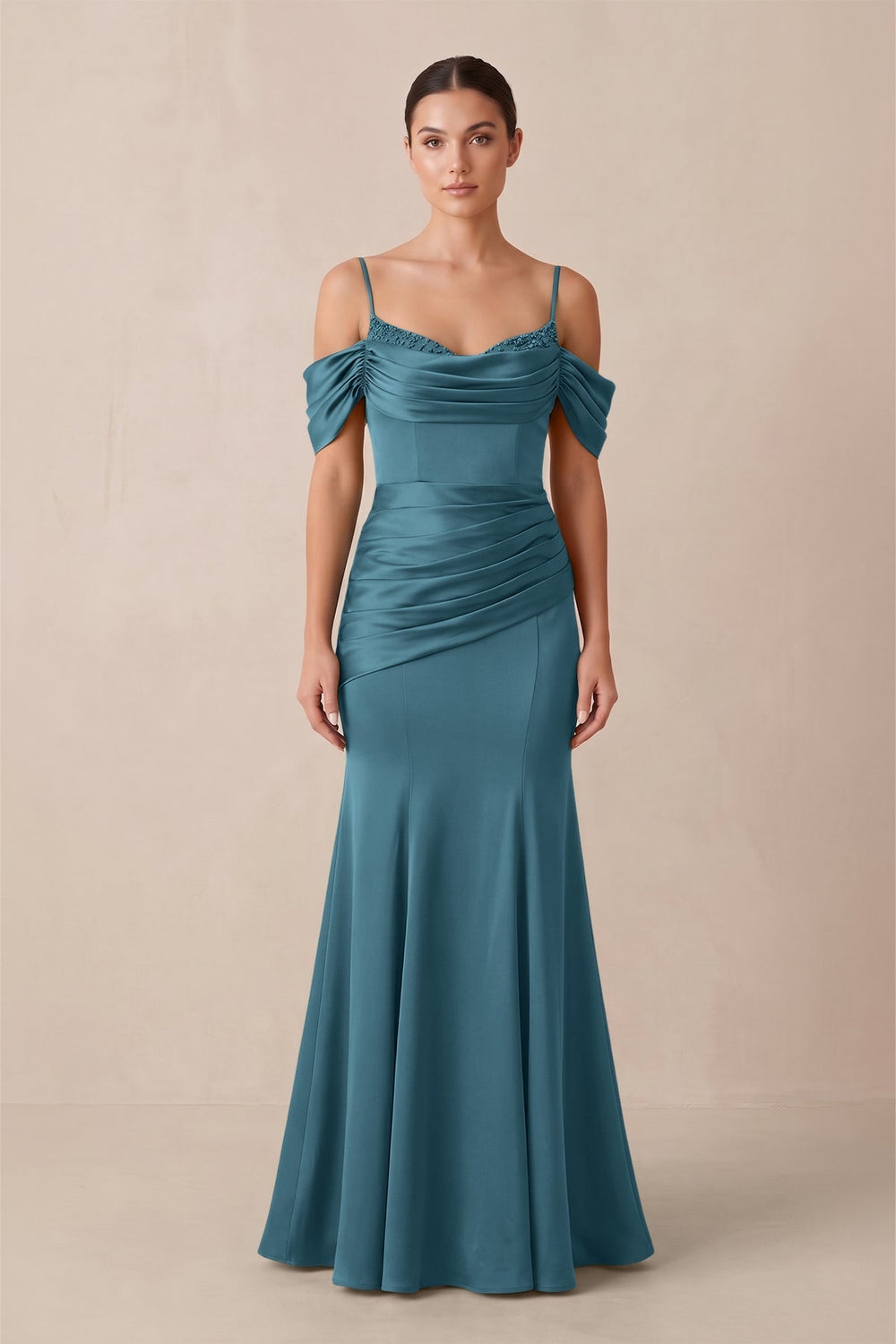 Off-the-Shoulder Mermaid Ruched Bridesmaid Dress in Dark Teal