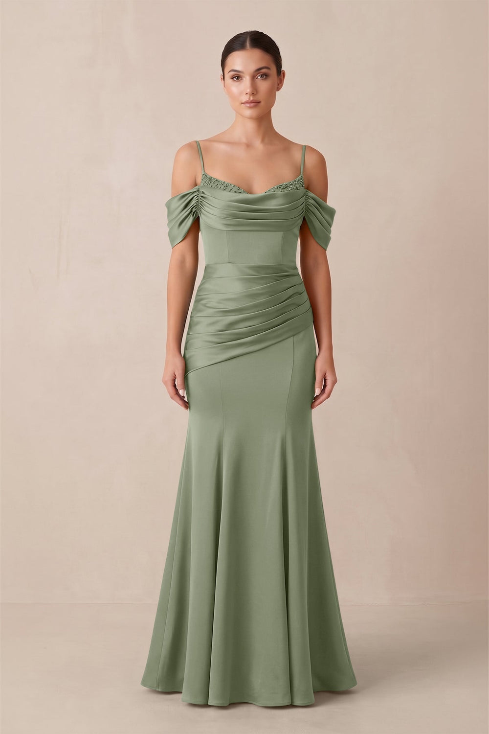 Off-the-Shoulder Mermaid Ruched Bridesmaid Dress in Dove Gray