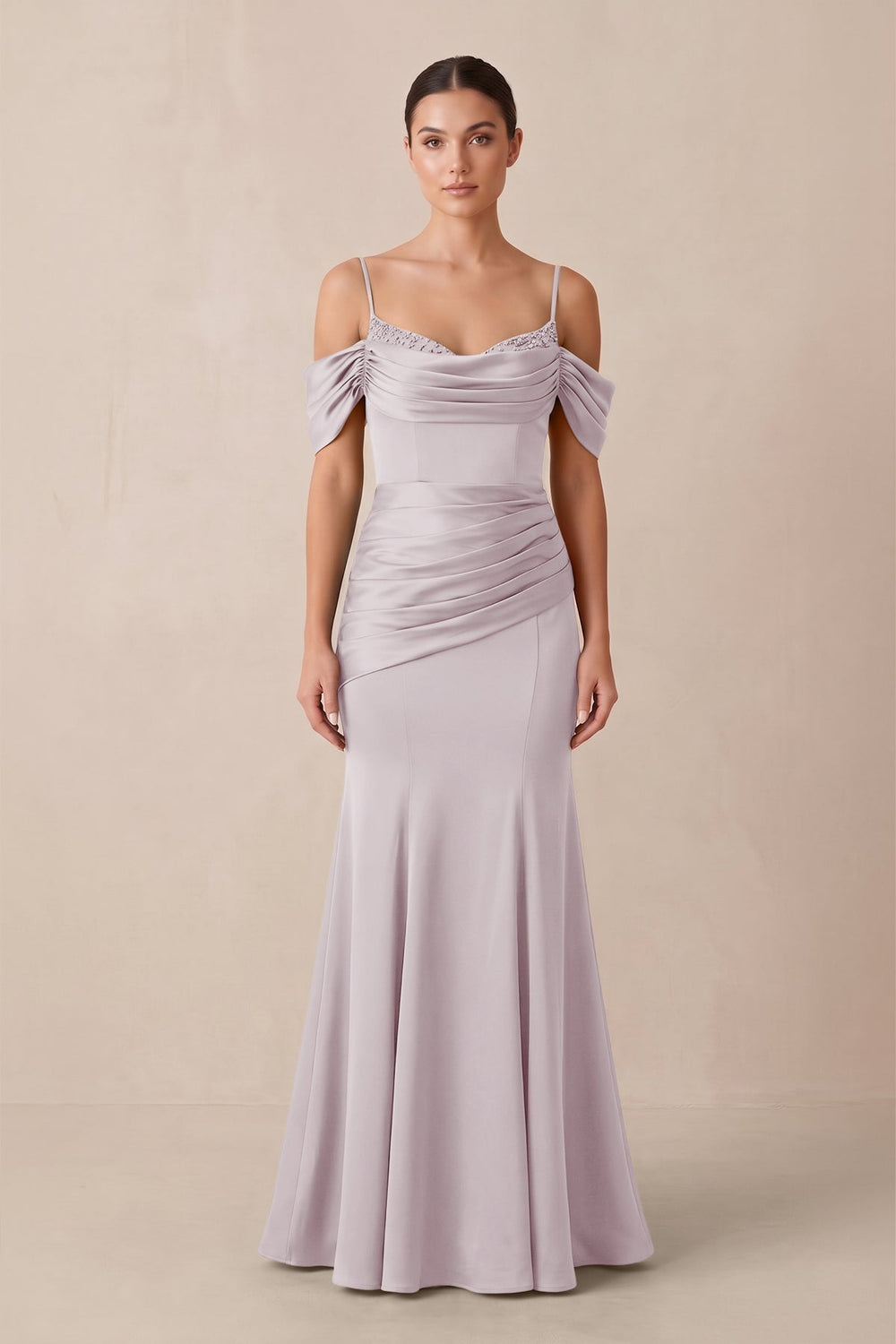 Off-the-Shoulder Mermaid Ruched Bridesmaid Dress in Dusk