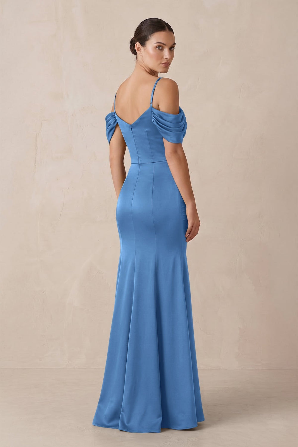 Off-the-Shoulder Mermaid Ruched Bridesmaid Dress in Dusty Blue