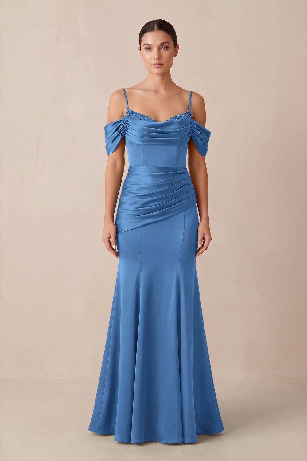 Off-the-Shoulder Mermaid Ruched Bridesmaid Dress in Dusty Blue