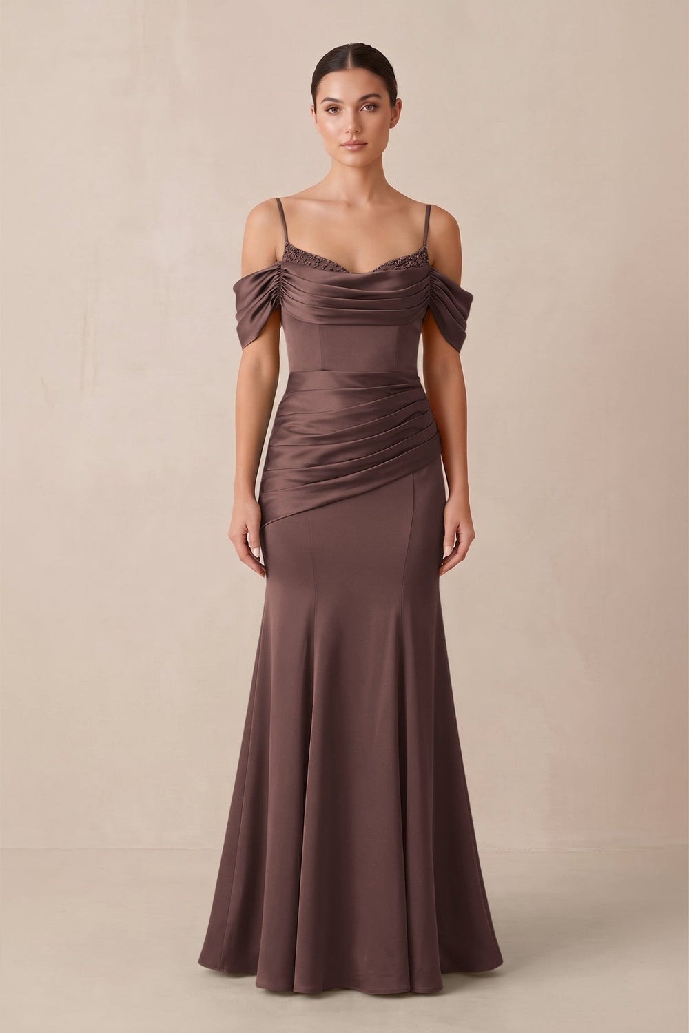 Off-the-Shoulder Mermaid Ruched Bridesmaid Dress in Espresso