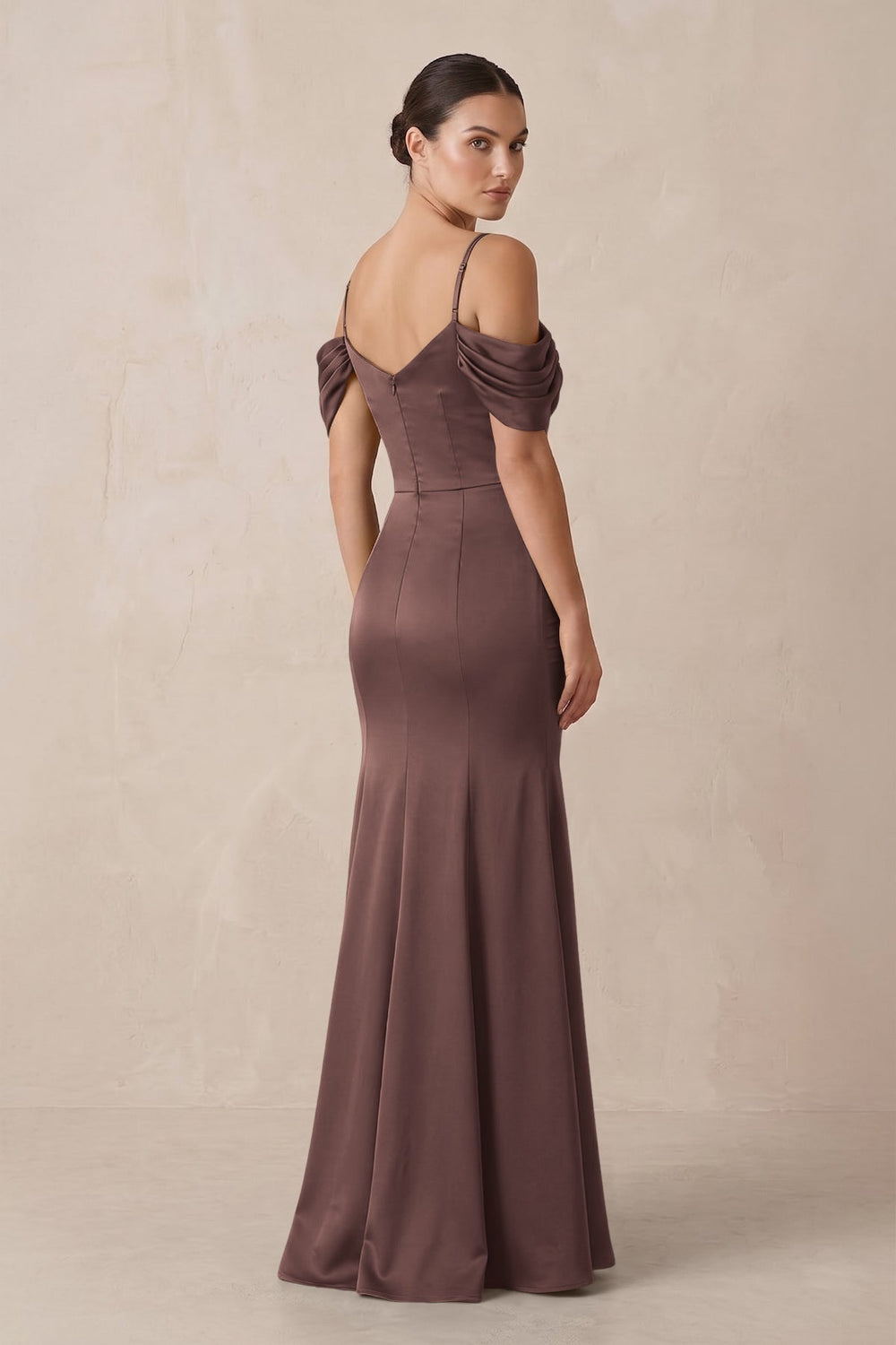 Off-the-Shoulder Mermaid Ruched Bridesmaid Dress in Espresso