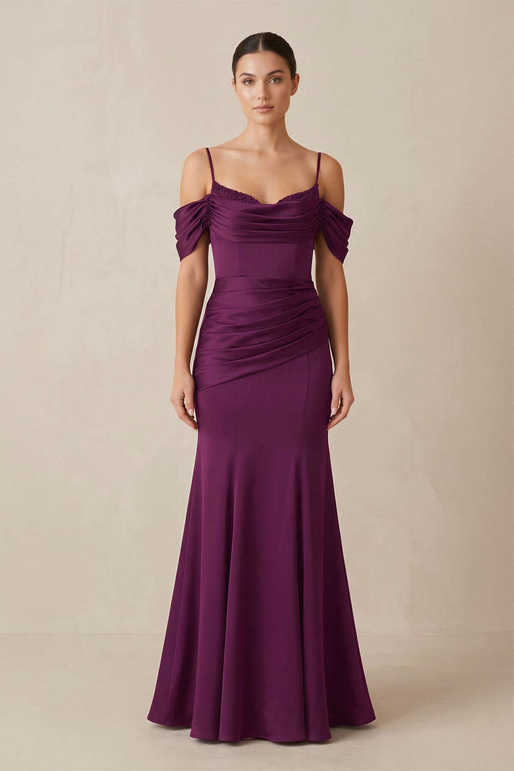 Off-the-Shoulder Mermaid Ruched Bridesmaid Dress in Fig