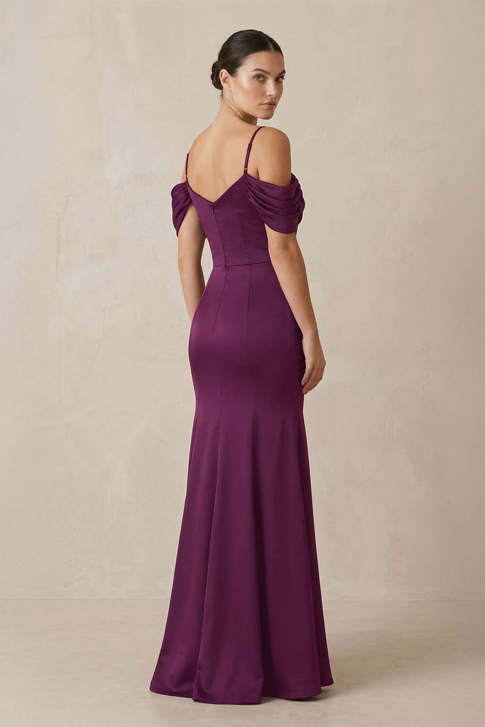 Off-the-Shoulder Mermaid Ruched Bridesmaid Dress in Fig