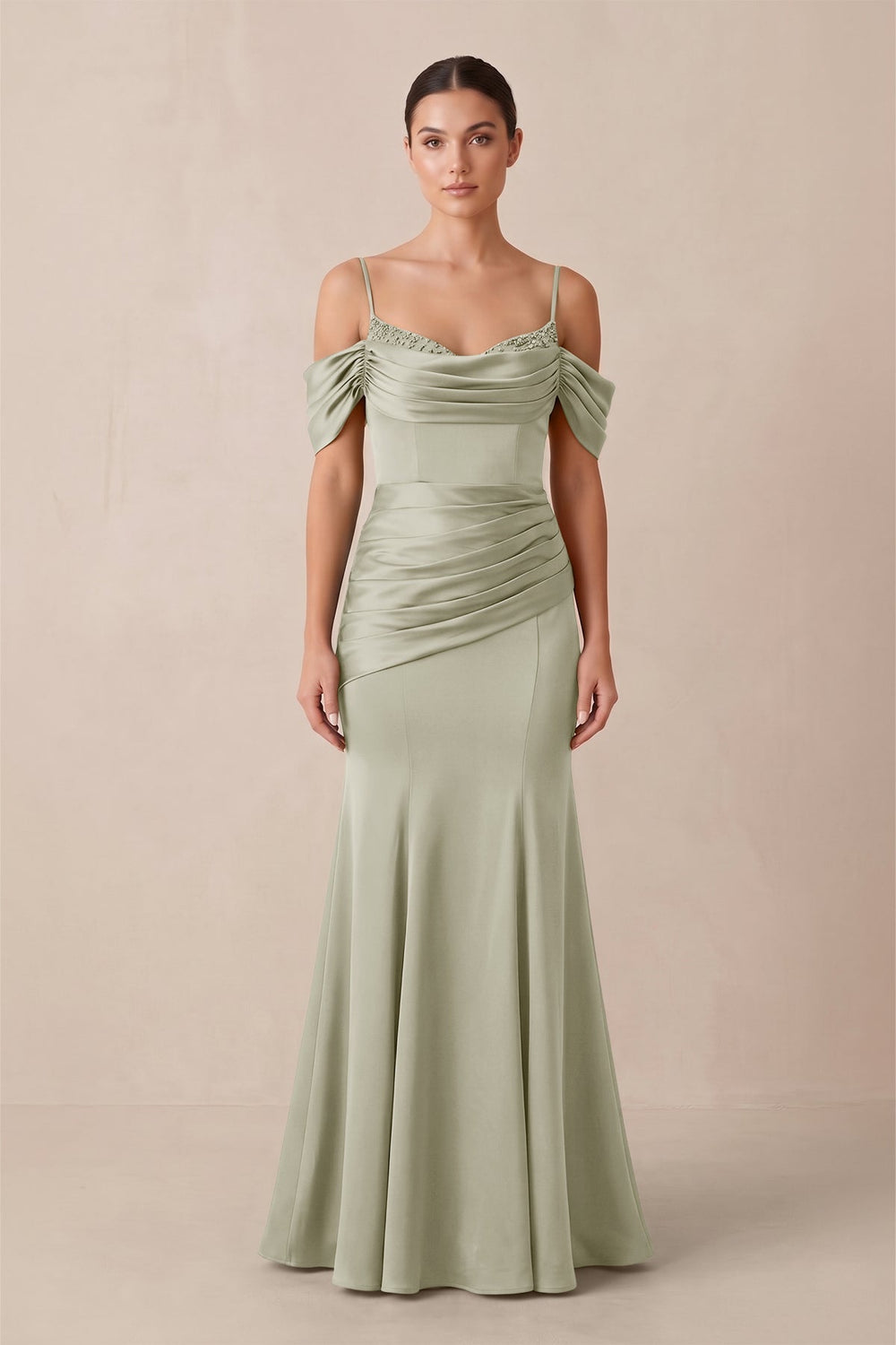 Off-the-Shoulder Mermaid Ruched Bridesmaid Dress in Frost