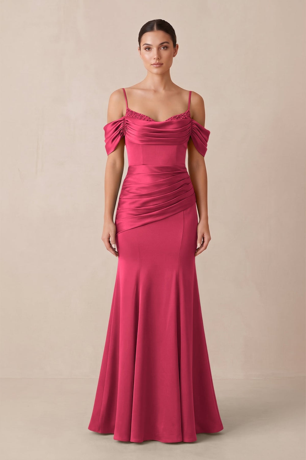 Off-the-Shoulder Mermaid Ruched Bridesmaid Dress in Fuchsia