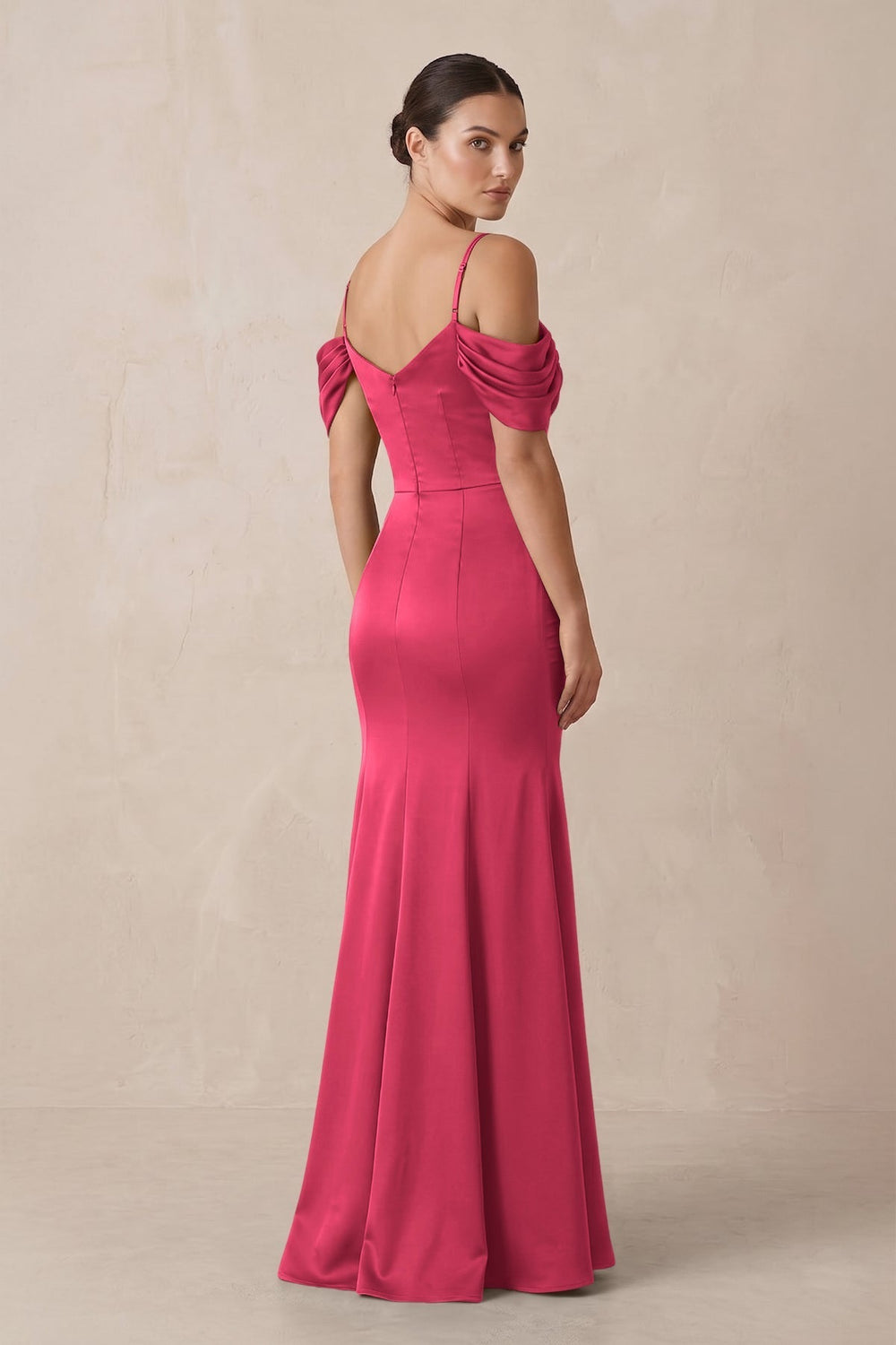Off-the-Shoulder Mermaid Ruched Bridesmaid Dress in Fuchsia