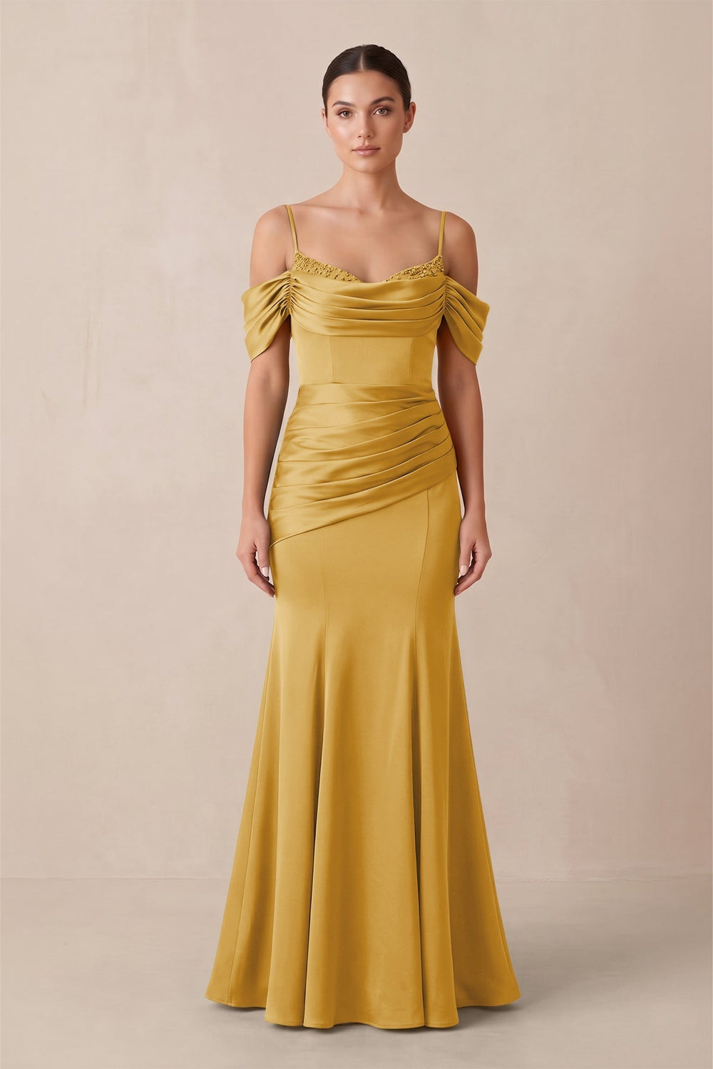 Off-the-Shoulder Mermaid Ruched Bridesmaid Dress in Gold