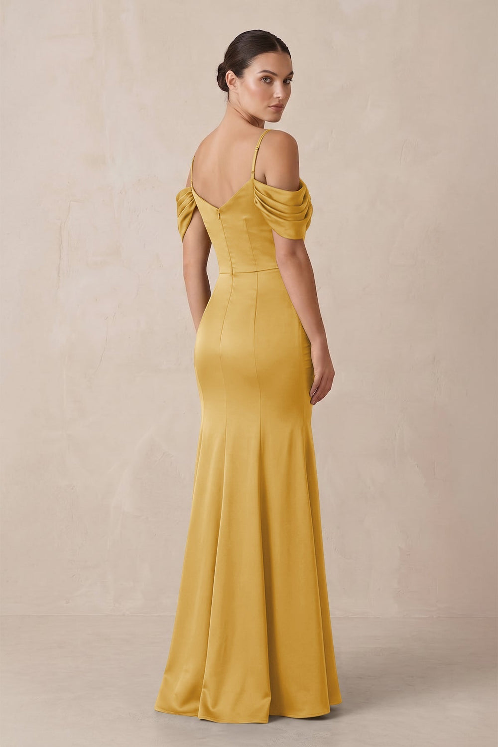 Off-the-Shoulder Mermaid Ruched Bridesmaid Dress in Gold