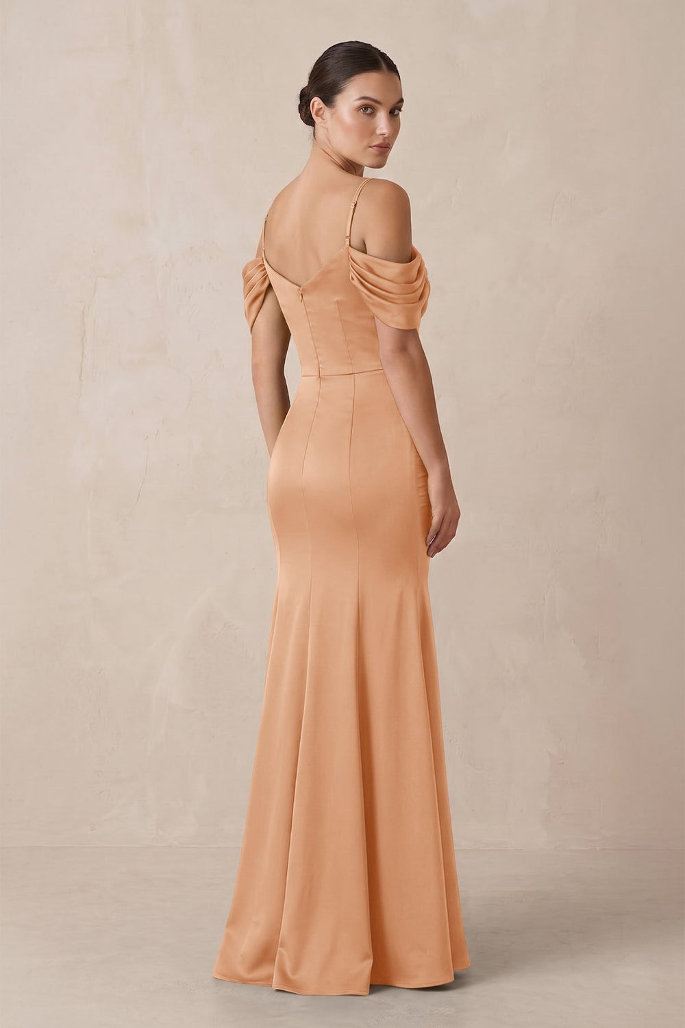 Off-the-Shoulder Mermaid Ruched Bridesmaid Dress in Golden Champagne