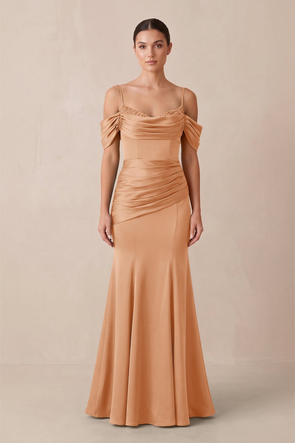 Off-the-Shoulder Mermaid Ruched Bridesmaid Dress in Golden Champagne