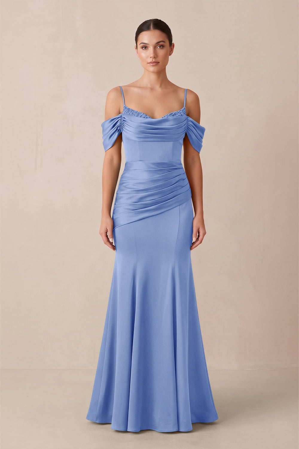 Off-the-Shoulder Mermaid Ruched Bridesmaid Dress in Ice