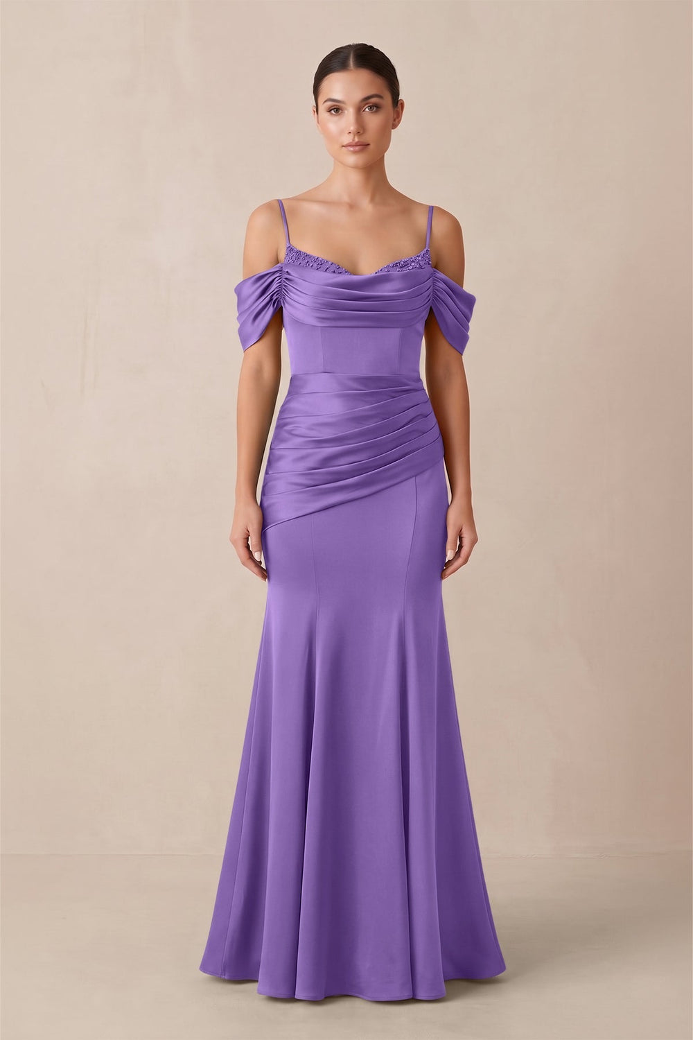 Off-the-Shoulder Mermaid Ruched Bridesmaid Dress in Lilac