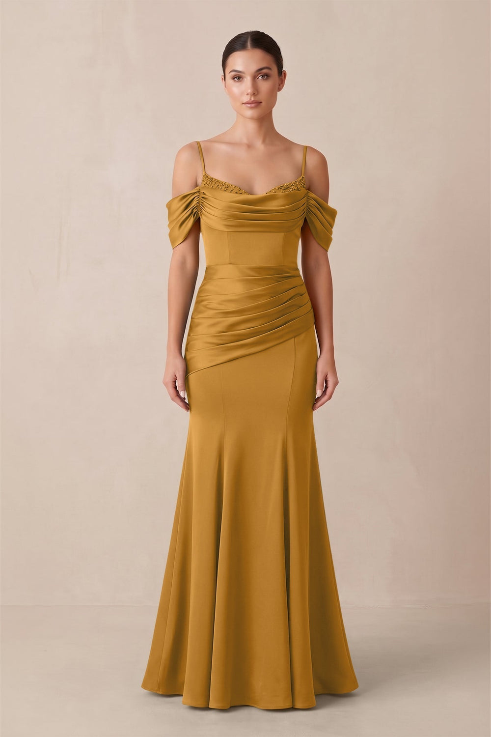 Off-the-Shoulder Mermaid Ruched Bridesmaid Dress in Marigold