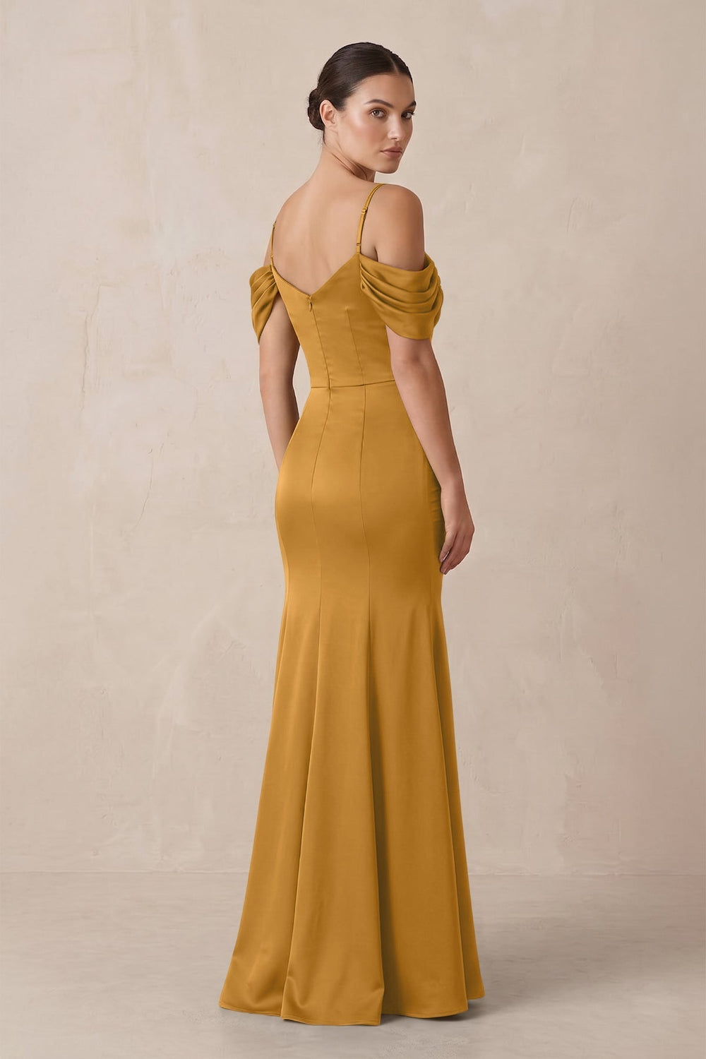 Off-the-Shoulder Mermaid Ruched Bridesmaid Dress in Marigold