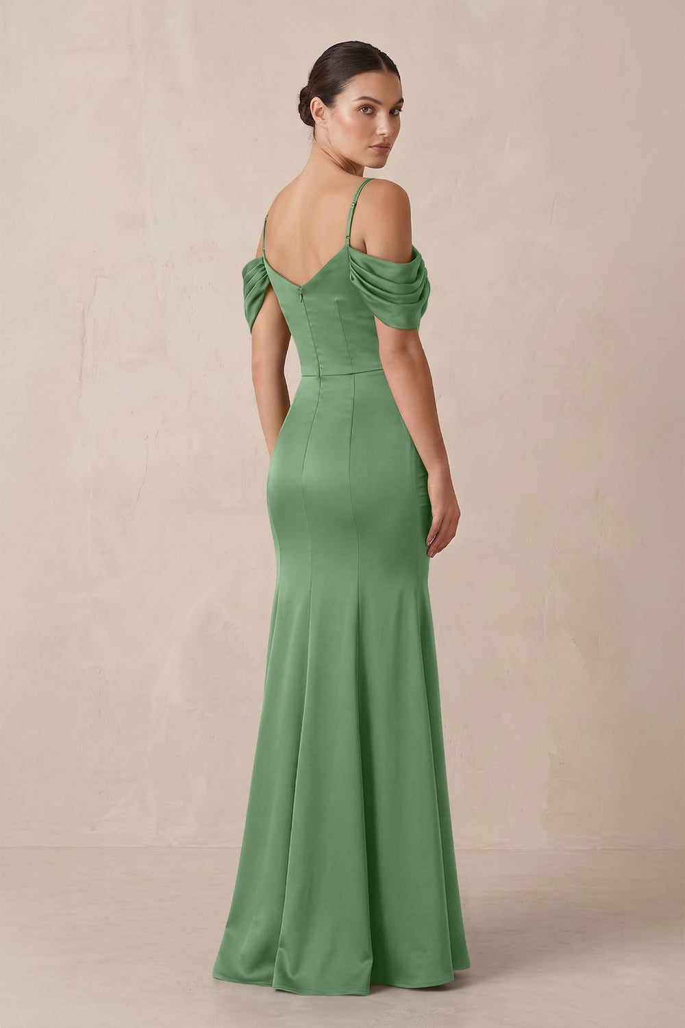 Off-the-Shoulder Mermaid Ruched Bridesmaid Dress in Matcha