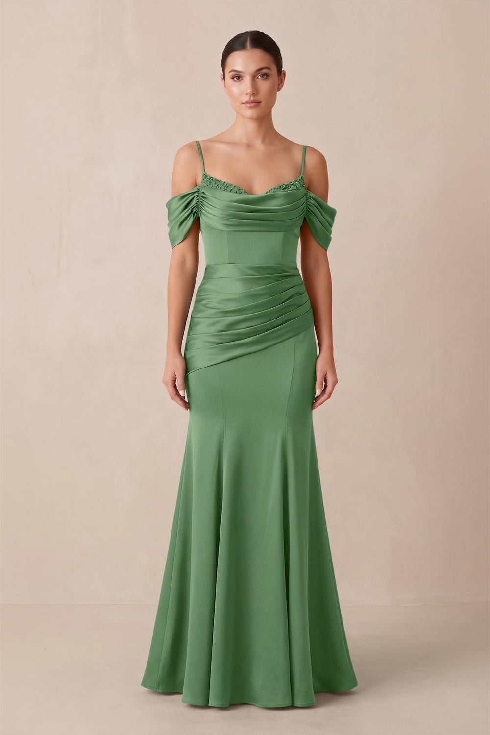 Off-the-Shoulder Mermaid Ruched Bridesmaid Dress in Matcha