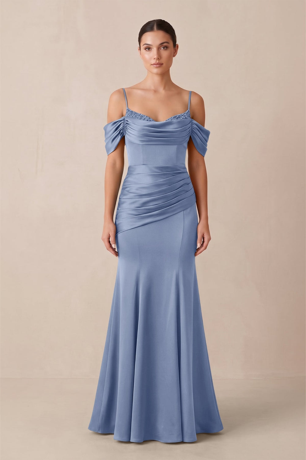 Off-the-Shoulder Mermaid Ruched Bridesmaid Dress in Mist