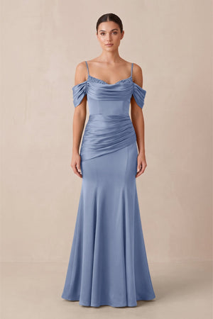 Off - the - Shoulder Mermaid Ruched Bridesmaid Dress in Mist - KISS BRIDAL Bridesmaid Dresses