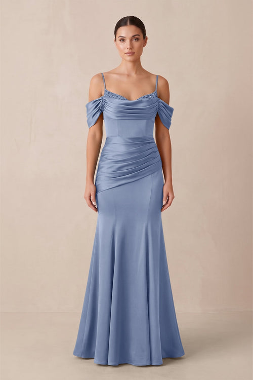 Off - the - Shoulder Mermaid Ruched Bridesmaid Dress in Mist - KISS BRIDAL Bridesmaid Dresses