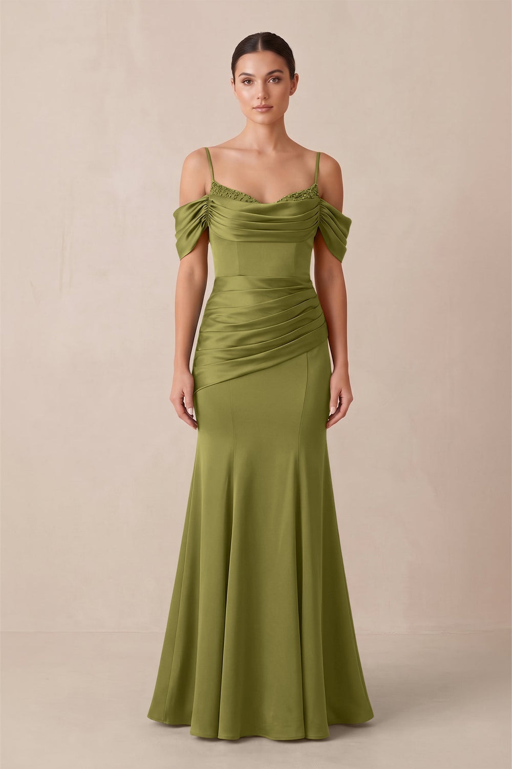 Off-the-Shoulder Mermaid Ruched Bridesmaid Dress in Moss Green