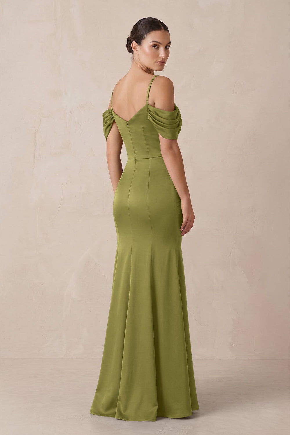 Off-the-Shoulder Mermaid Ruched Bridesmaid Dress in Moss Green
