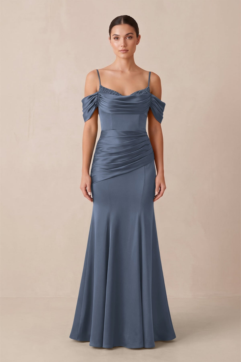 Off-the-Shoulder Mermaid Ruched Bridesmaid Dress in Neptune