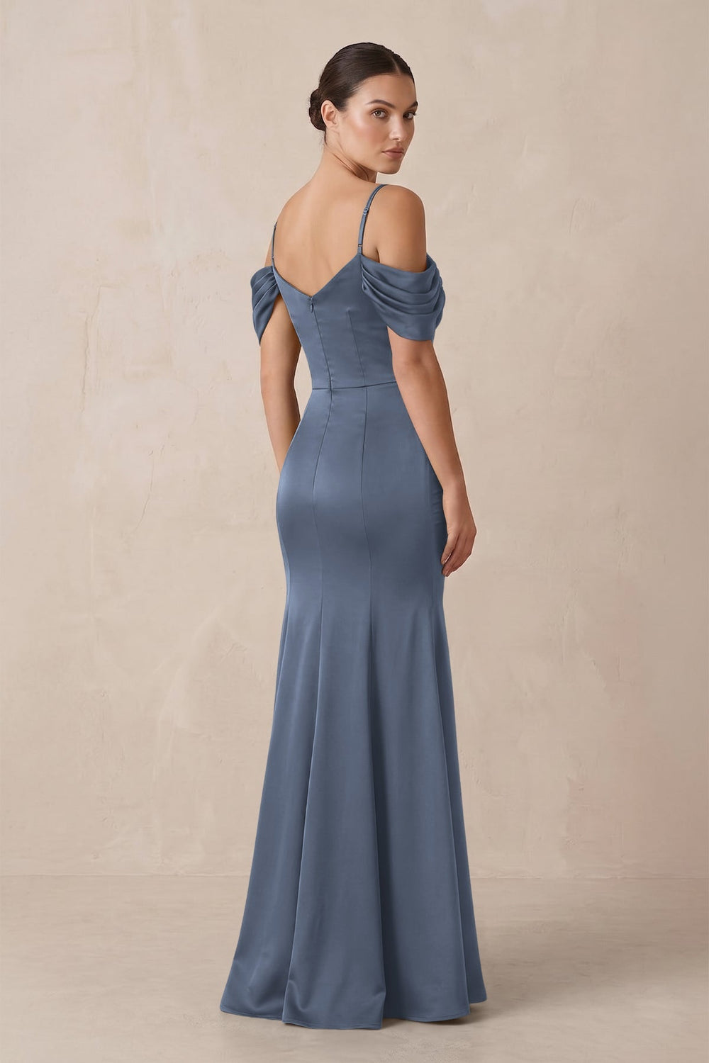 Off-the-Shoulder Mermaid Ruched Bridesmaid Dress in Neptune