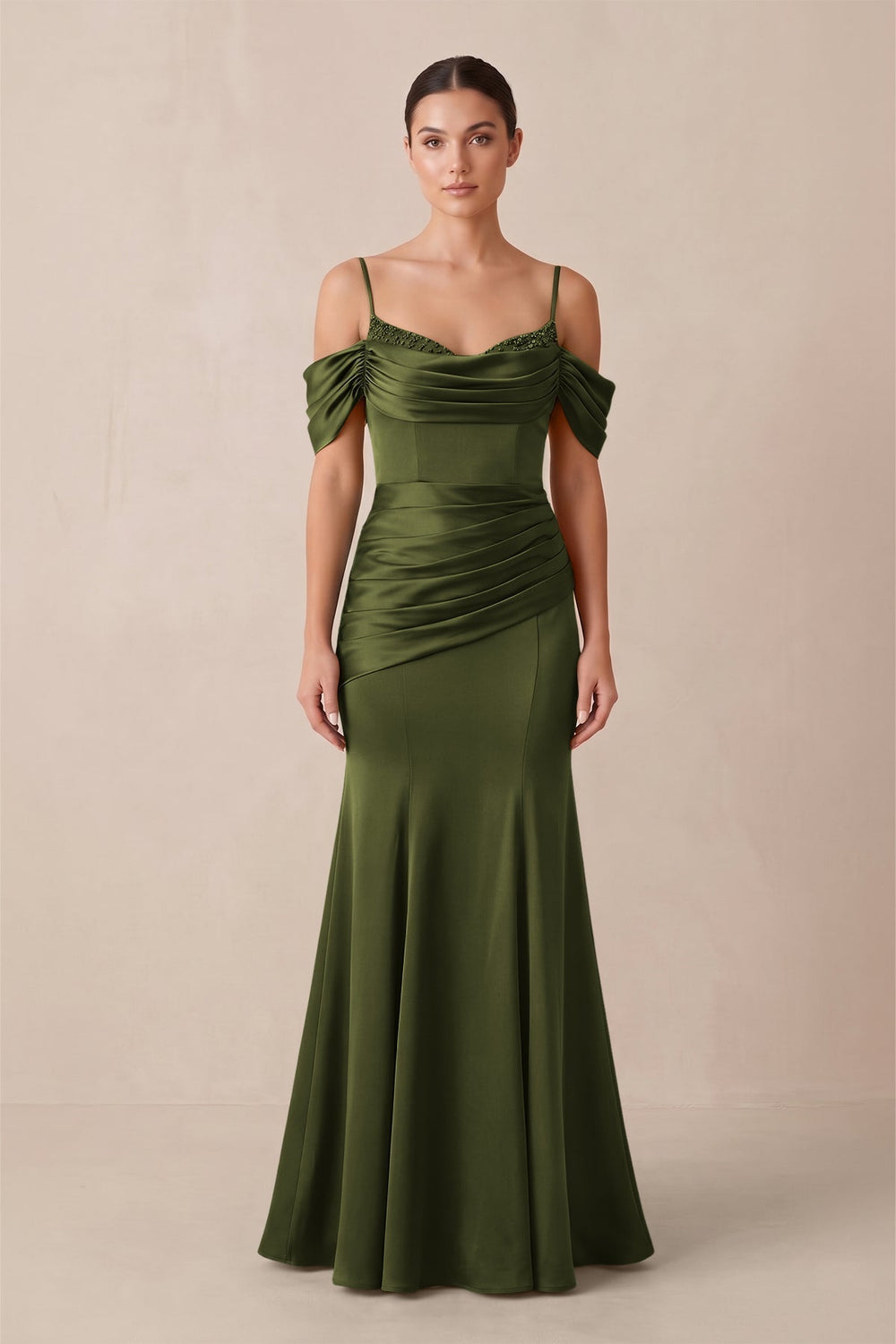 Off-the-Shoulder Mermaid Ruched Bridesmaid Dress in Olive