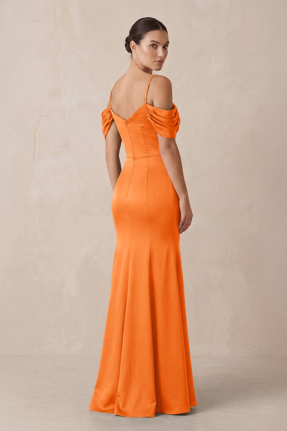 Off-the-Shoulder Mermaid Ruched Bridesmaid Dress in Orange