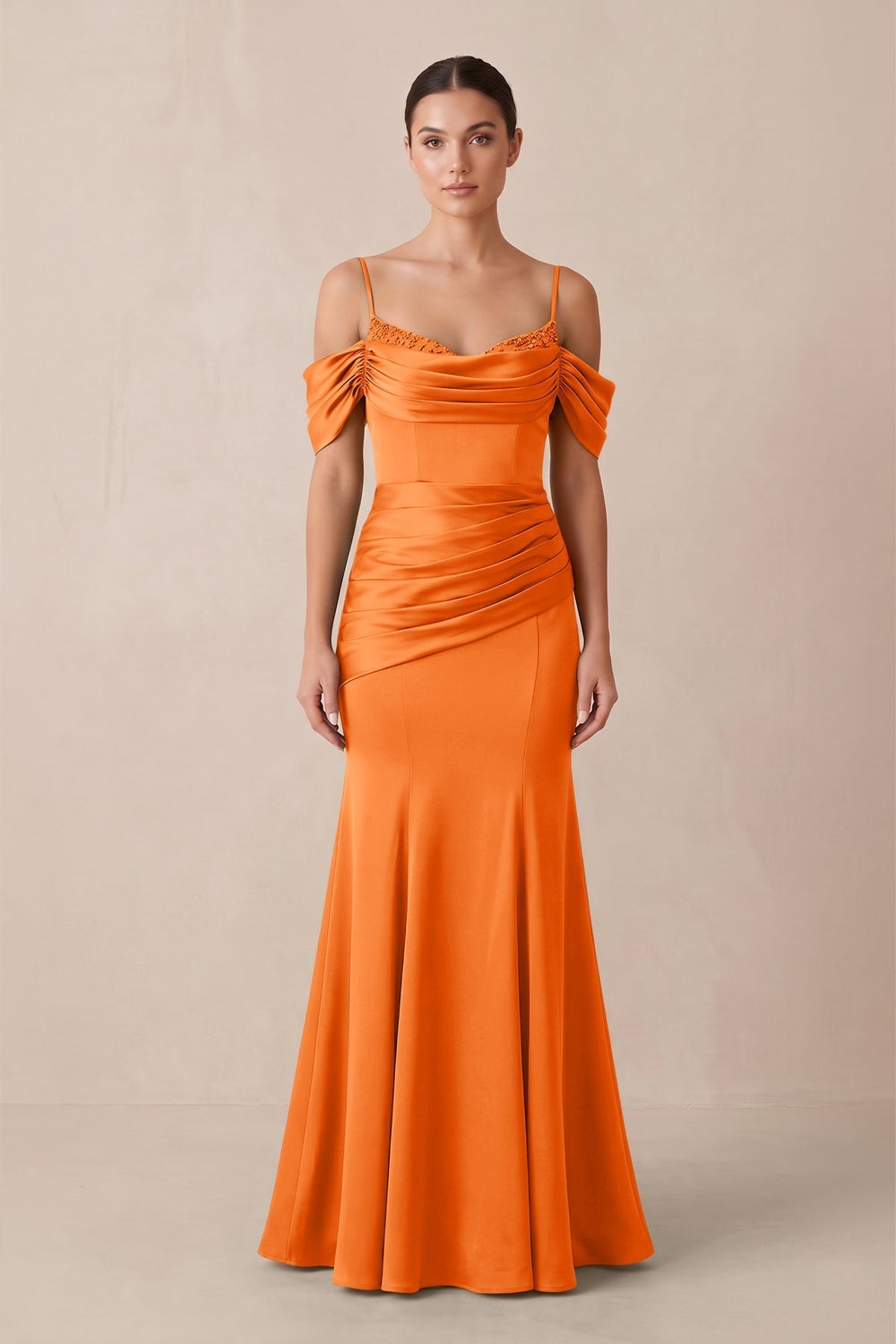 Off-the-Shoulder Mermaid Ruched Bridesmaid Dress in Orange