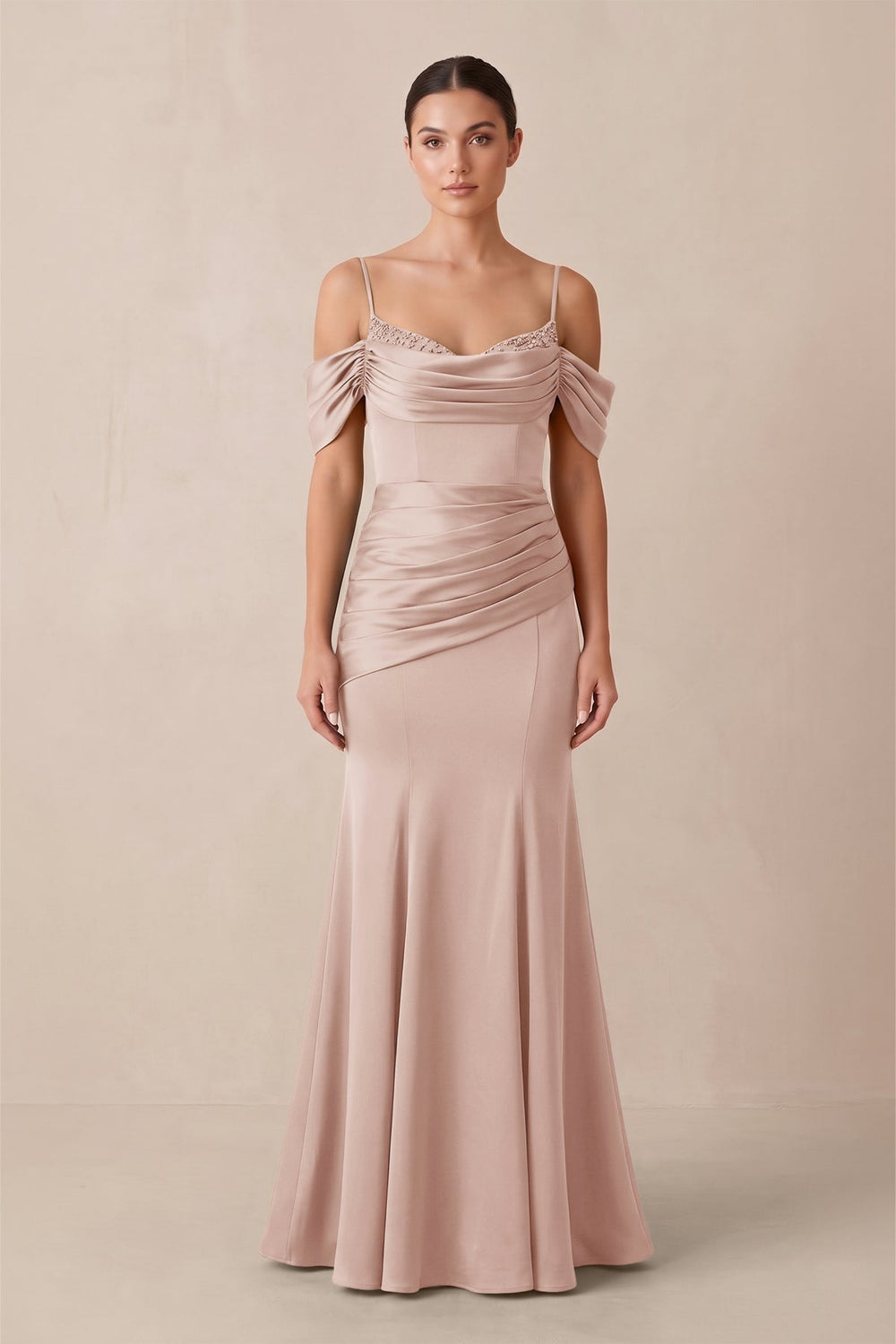 Off-the-Shoulder Mermaid Ruched Bridesmaid Dress in Pale Blush