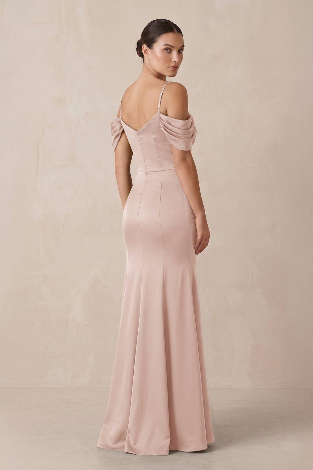 Off-the-Shoulder Mermaid Ruched Bridesmaid Dress in Pale Blush