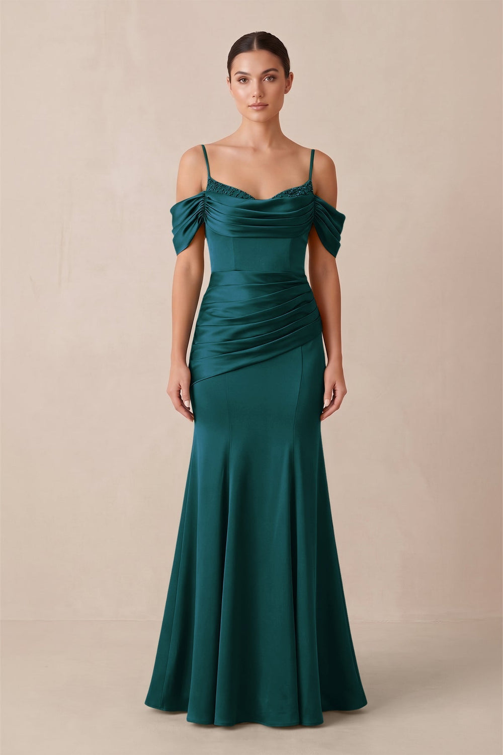 Off-the-Shoulder Mermaid Ruched Bridesmaid Dress in Pine