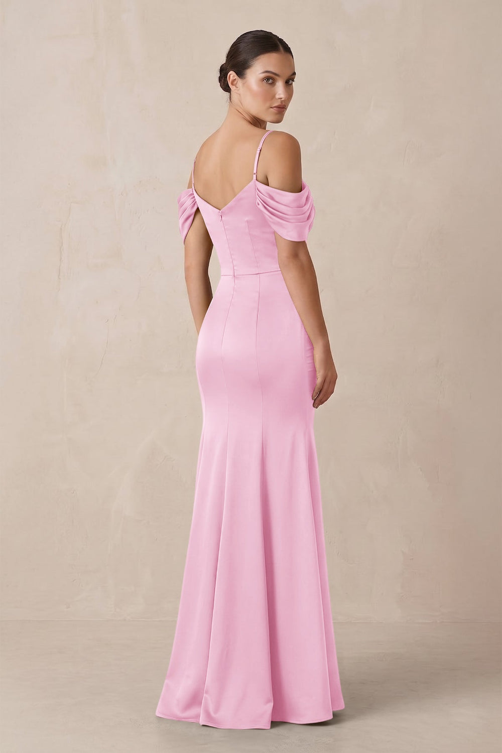Off-the-Shoulder Mermaid Ruched Bridesmaid Dress in Pink