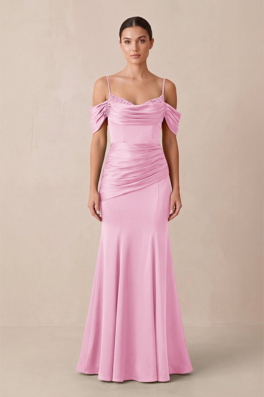 Off-the-Shoulder Mermaid Ruched Bridesmaid Dress in Pink