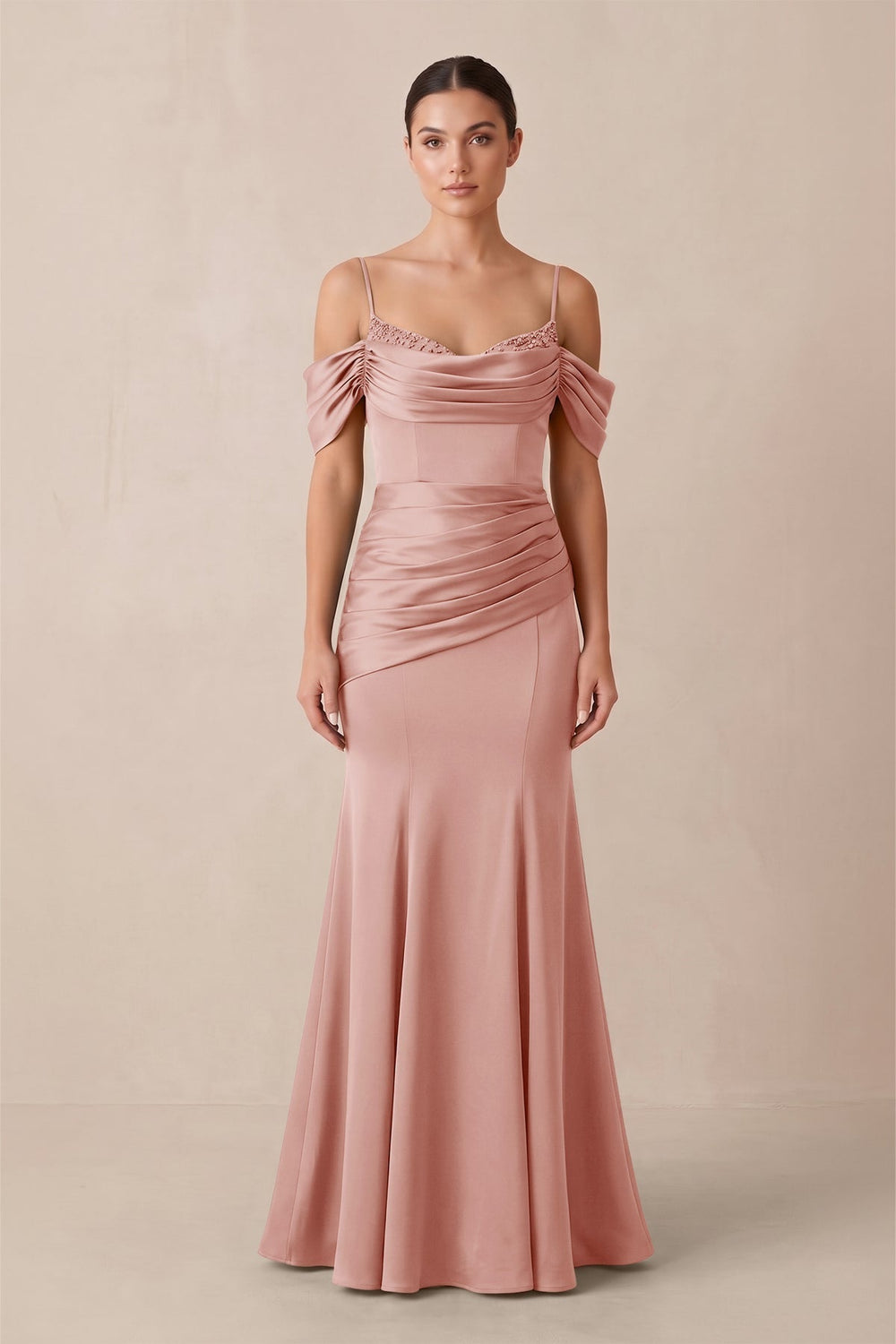 Off-the-Shoulder Mermaid Ruched Bridesmaid Dress in Rose Petal