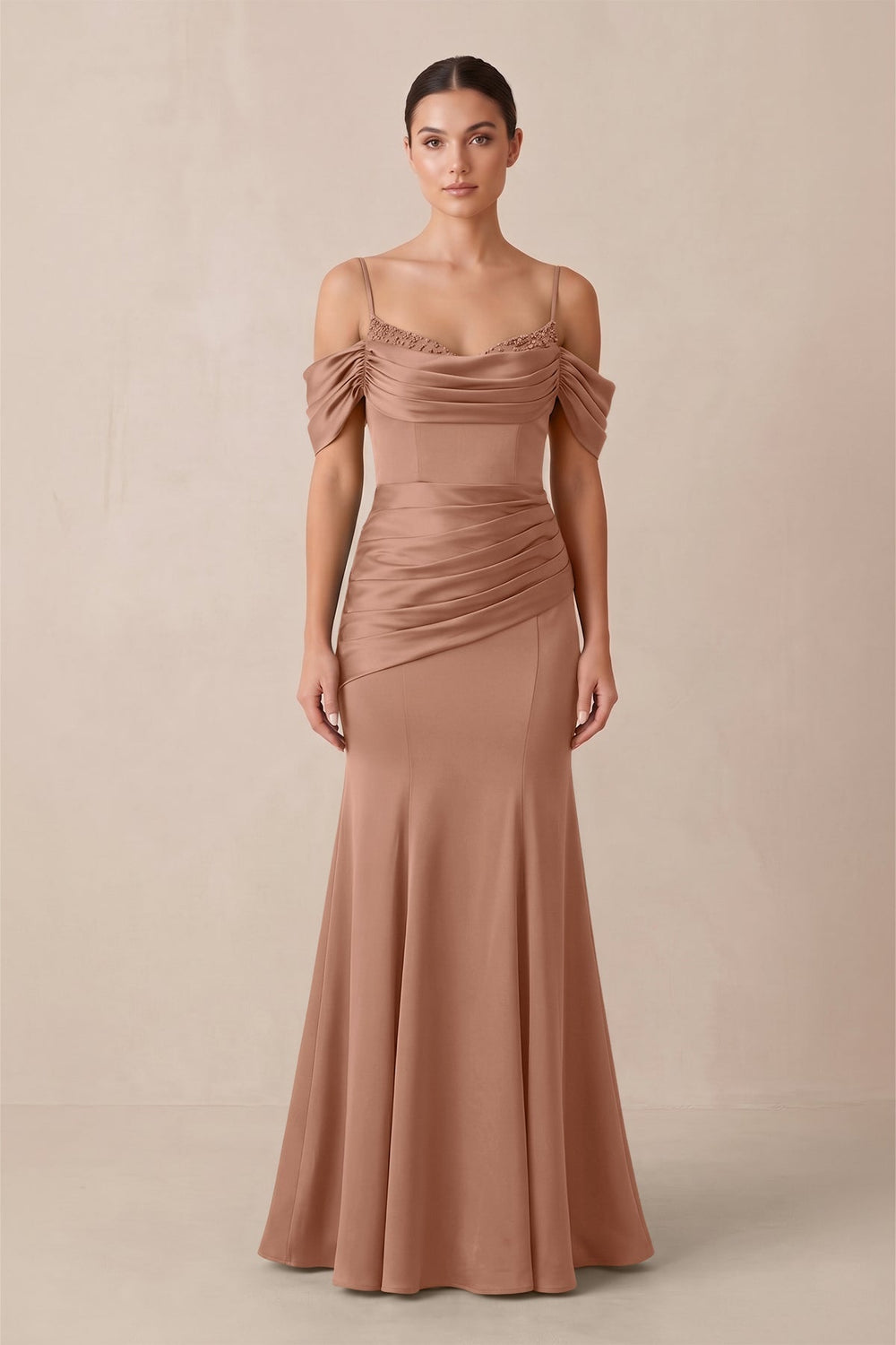 Off-the-Shoulder Mermaid Ruched Bridesmaid Dress in Rosette