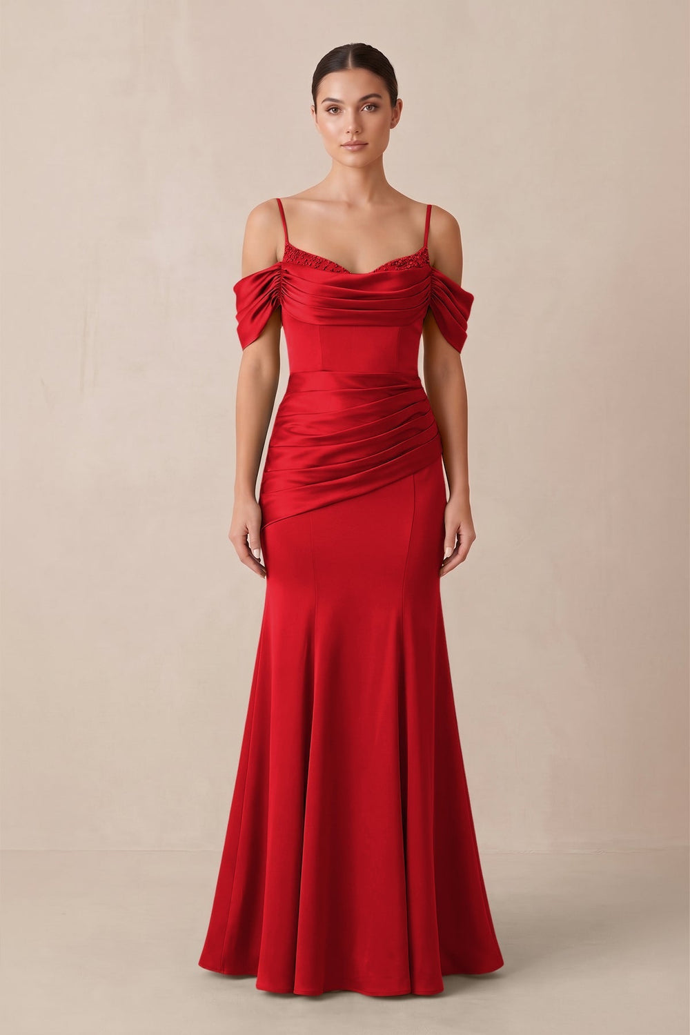 Off-the-Shoulder Mermaid Ruched Bridesmaid Dress in Ruby Red
