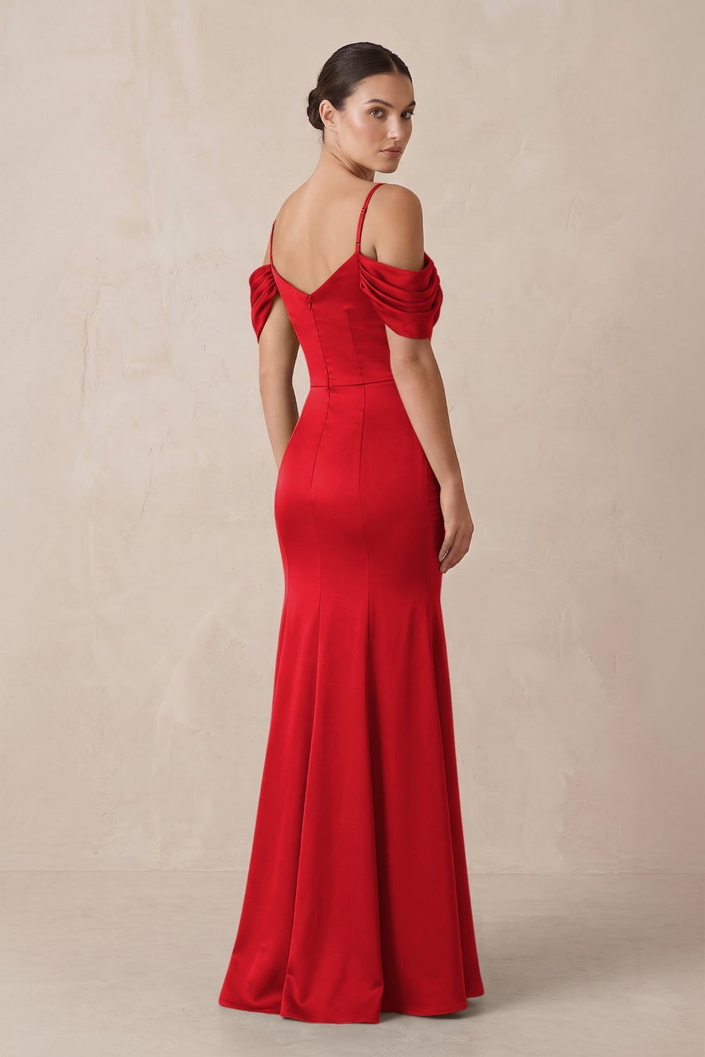 Off-the-Shoulder Mermaid Ruched Bridesmaid Dress in Ruby Red