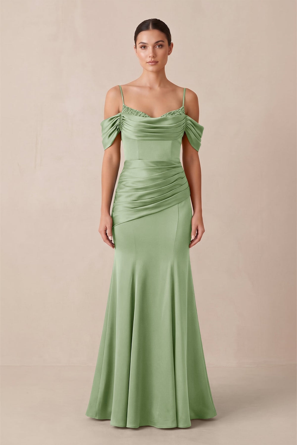Off-the-Shoulder Mermaid Ruched Bridesmaid Dress in Sage