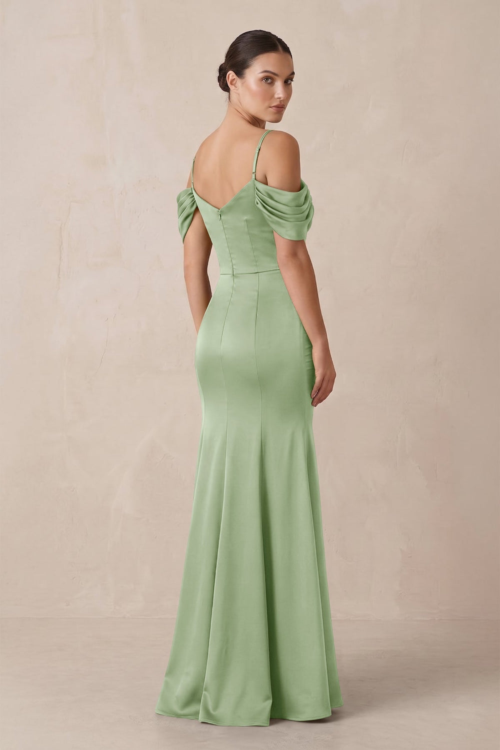Off-the-Shoulder Mermaid Ruched Bridesmaid Dress in Sage